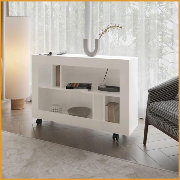 Modern White Melamine Coffee Table for Living Room Mobile Console with Open Storage