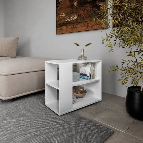 Modern White Melamine Side Table with Open Storage and Versatile Design
