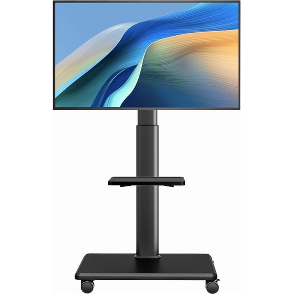 Modern White Mobile TV Stand with Wooden Base and Laptop Shelf, Adjustable Height Rolling Floor Mount for 32-65 Inch Screens, Stylish Entertainment Cart for Home Office Living Room Setup,Black