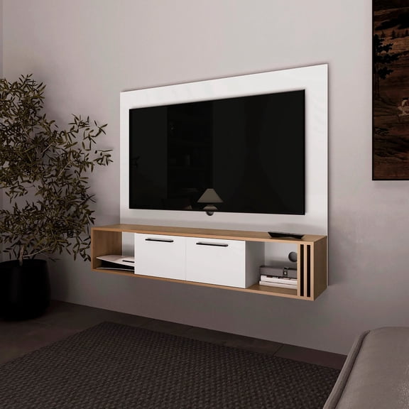 Modern White & Natural Oak Entertainment Storage With Cable Management And Space Utilization Desk 4 Spacious Shelves