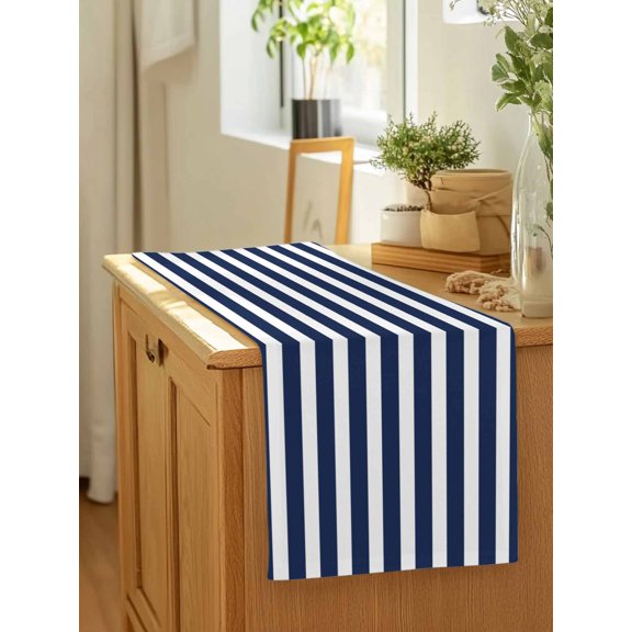 Modern White and Navy Blue Stripe Table Runner 13x90in Non-Slip Cotton Linen Table Runners, Minimalist Art Line Texture Dresser Scarves TableRunner for Dinner Kitchen Dining Wedding Party