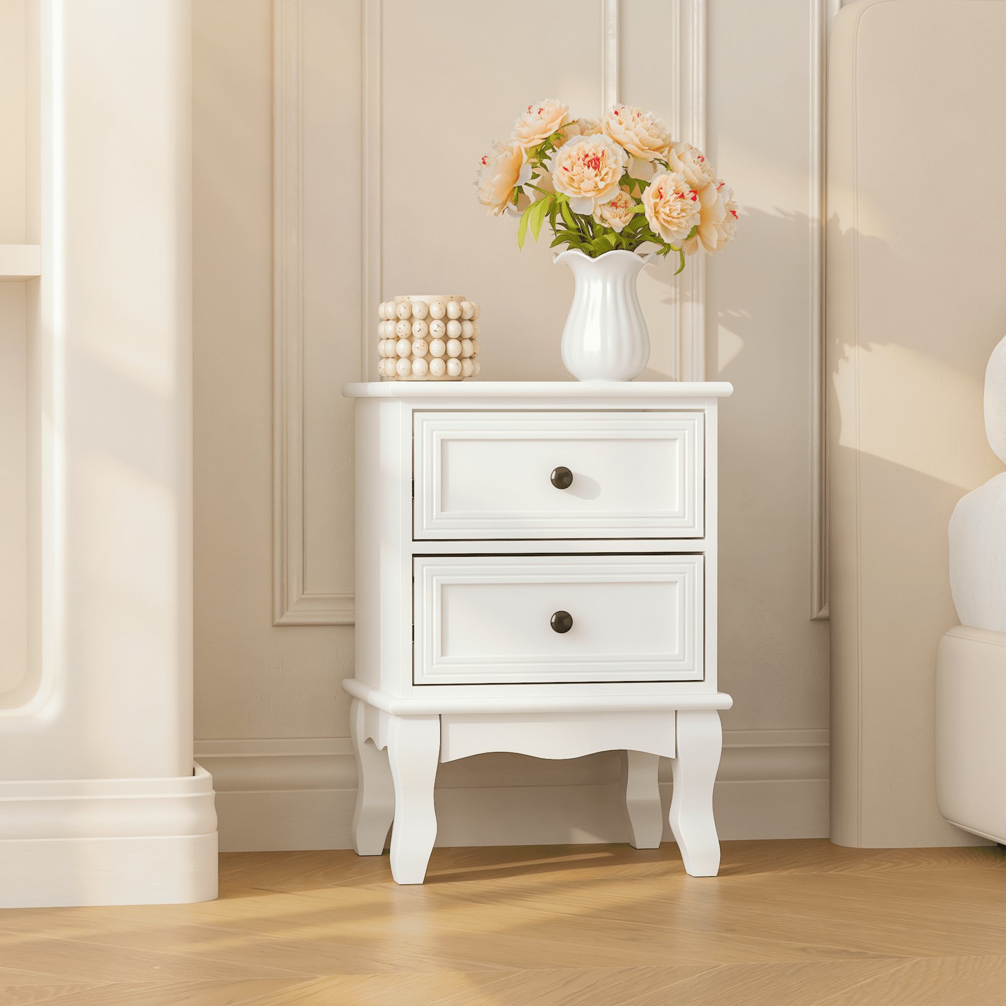 Modern White Nightstand with 2 Drawers, French Country Bedside Table with Elegant Carved Legs, Small End Table for Bedroom, Living Room, or Guest Room