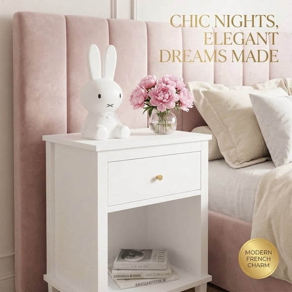 Modern White Nightstand with Gold Handle, Tall Bedside Table with 1 Drawer and Open Storage Shelf, Wooden End Table for Bedroom & Living Room, 26.8" H