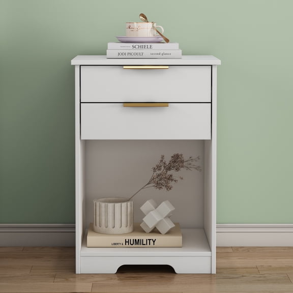 Modern White Nightstand With 2 Drawers Open Storage Shelf Elegant Gold Handle Bedroom Living Room End Table