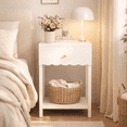 thumbnail image 1 of Modern White Nightstand with Drawer & Open Shelf, Scalloped Edge Bedside Table, Minimalist Cute Side Table for Bedroom Kids Room Girls Room, 1 of 15