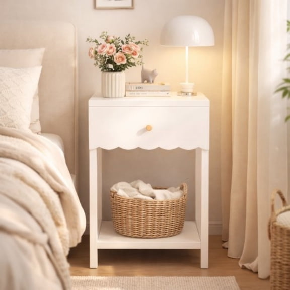 Modern White Nightstand with Drawer and Open Shelf, Scalloped Bedside Table, Cute End Table for Bedroom, Kids Room & Nursery