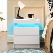 Modern White Nightstand with LED Lights and 2 Drawers