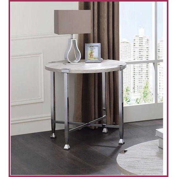 Modern White Oak Coffee Table with Chrome Frame for Living Room, Stable X-Support & Easy Assembly