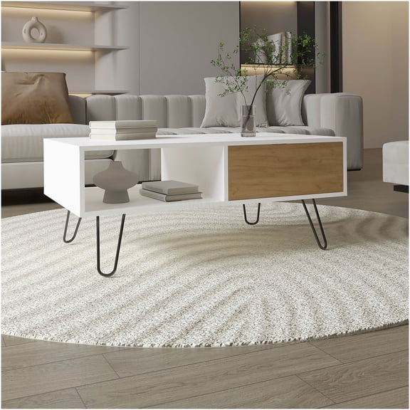 Modern White Oak Coffee Table with Storage Drawer & Shelf, Rectangular Accent Table for Living Room