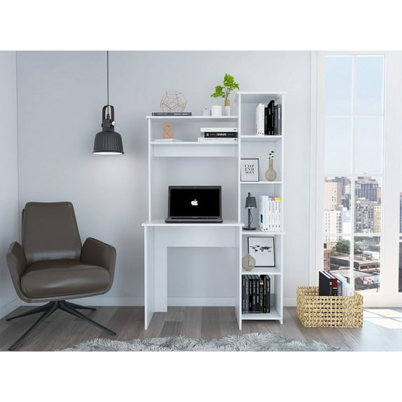 Modern White Office Desk with Storage Cabinet