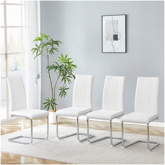 Modern White PU Dining Chairs Set of 4, Chrome Leg Accent Chairs for Kitchen Table, High Back Comfortable Side Chairs