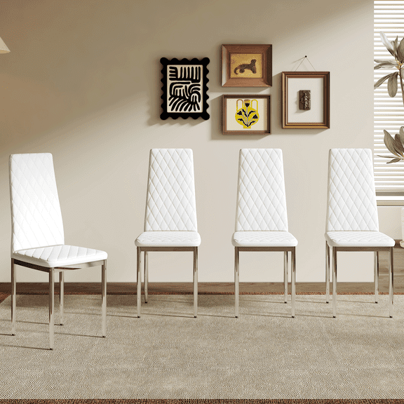 Modern White PU Dining Chairs Set of 4 - Diamond Quilted High Back, Metal Legs for Kitchen & Dining Room, Minimalist Design