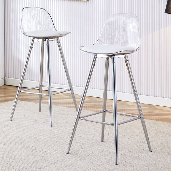 White & Silver Metal Bar Stools - Modern PU Leather Counter Height Chairs for Kitchen, Dining Room, Living Room & Terrace Seating
