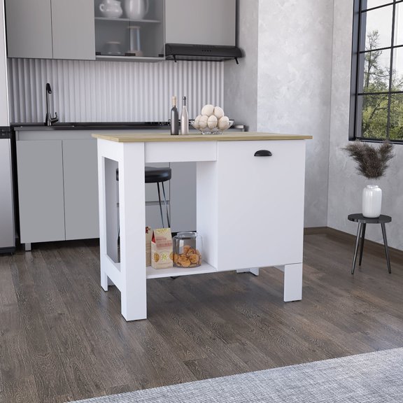 Modern White Particle Board Kitchen Island with Storage Shelves | In Dining Room, Provides Ample Space for Pots and Utensils