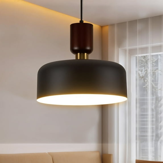 Modern White Pendant Light Lantern, Downward Dome Shade Wood Pattern Ceiling Hanging Lamp, Height Adjustable Farmhouse Chandelier for Kitchen Island, Dining Room, Living Room(Black)