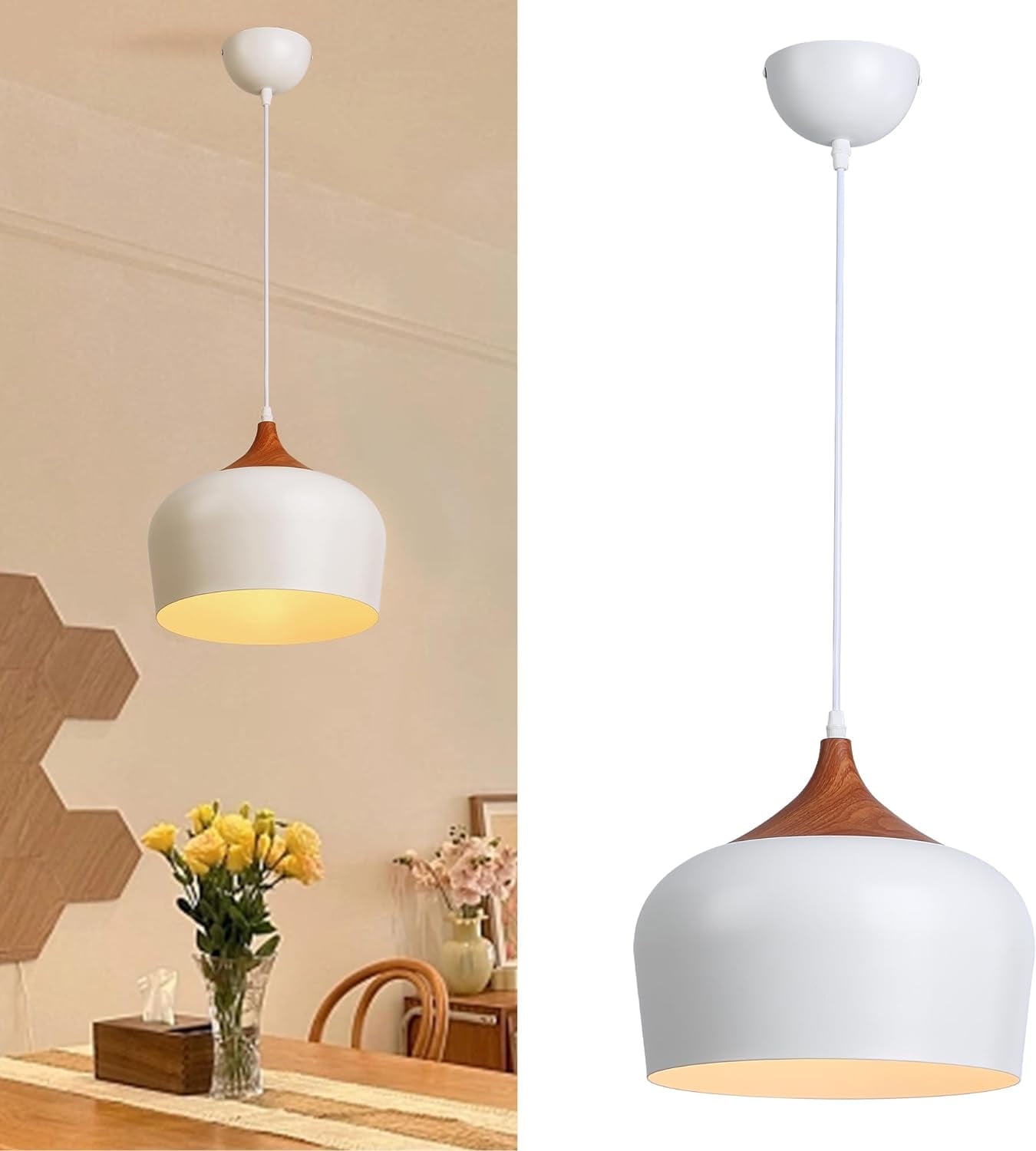 Modern White Pendant Light Lantern, Wood Pattern Dome Minimalist Downward Dome Shade Ceiling Hanging Lamp, Industrial Chandelier for Kitchen Island, Dining Room, Living Room