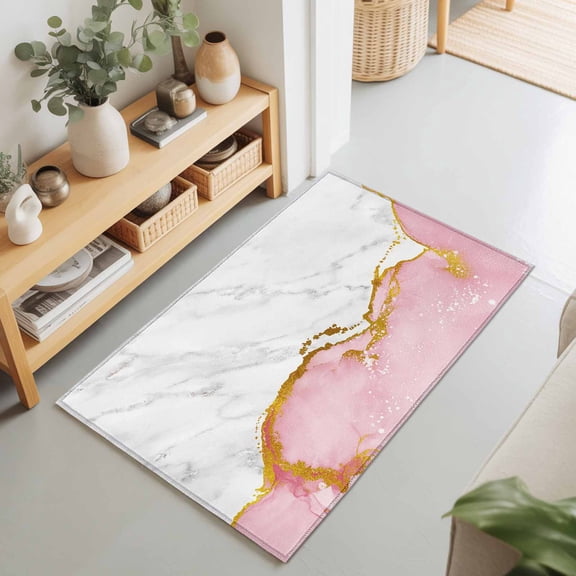 Modern White Pink Marble Texture Rectangle Area Rug 2x3ft,Living Room Rug Non-Slip Washable Circle Rugs Pad,Classic Stone Artwork Soft Floor Carpet for Bedroom Dining Room