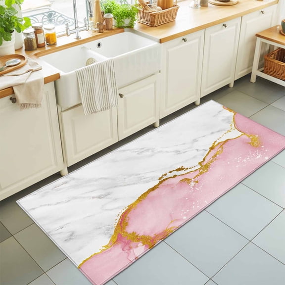 Modern White Pink Marble Texture Rectangle Area Rug 2x6ft,Living Room Rug Non-Slip Washable Circle Rugs Pad,Classic Stone Artwork Soft Floor Carpet for Bedroom Dining Room
