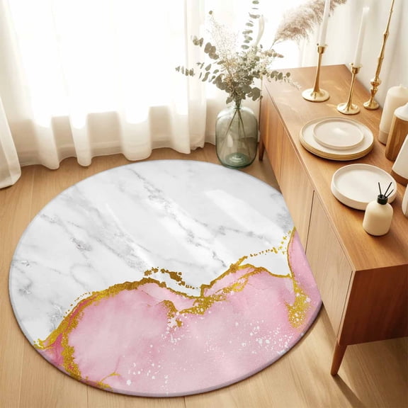 Modern White Pink Marble Texture Round Area Rug 3ft,Living Room Rug Non-Slip Washable Circle Rugs Pad,Classic Stone Artwork Soft Floor Carpet for Bedroom Dining Room