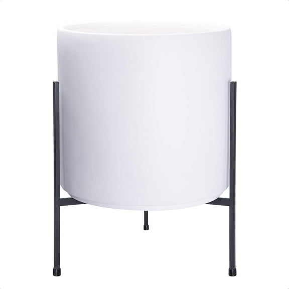 Modern White Plants Pot Cylinder Planter with Heavy Duty Stand, X-Large 14 Inch Pot, 21 Inch with Stand Height, 96-T-A-4
