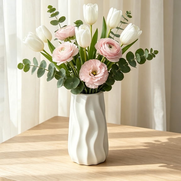 Modern White Plastic Flower Vase, Shatterproof Faux Ceramic Home Decor Centerpiece, Wedding Table Arrangement, Desktop Bookshelf Accent