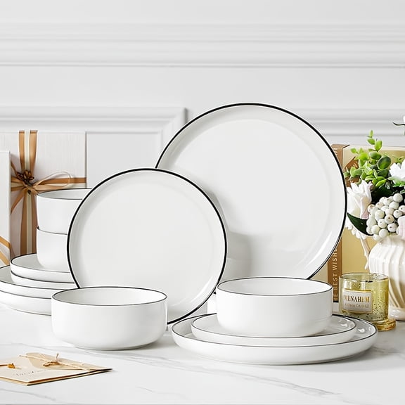 Modern White Porcelain Ceramic Dinnerware Set for Multiple Place Settings, Dishwasher, Microwave, and Oven Safe with Scratch-Resistant Finish