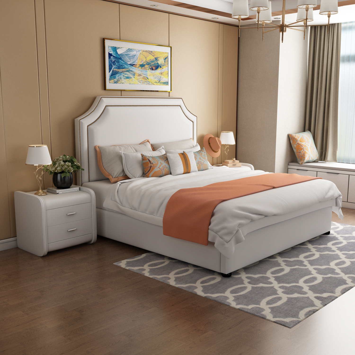 Modern White Queen Bed Frame with Button Tufted Headboard, Faux Leather