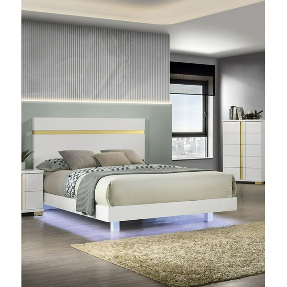 Modern White Queen Bed Frame with LED - Engineered Wood & Acrylic Trim, Mattress Ready Platform Bed for Bedroom, Contemporary Style, 63.5"W x 85"D