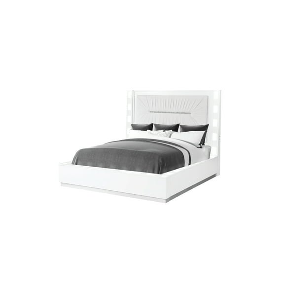 Modern White Queen Bed With Integrated Led And Frame Luxury Velvet Upholstery Lights