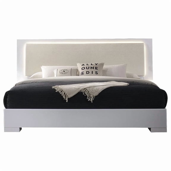 Modern White Queen Platform Bed Frame with LED Lightings Headboard, Lacquer Gloss Finish Wood Bed