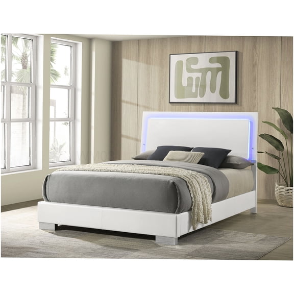 Modern White Queen Platform Bed Frame with LED Lights, Wood Slat Support, Headboard and Footboard, No Box Spring Needed