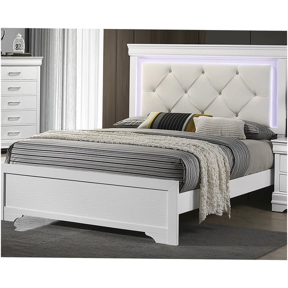 Modern White Queen Platform Bed with LED Headboard, Faux Leather Upholstered Bed Frame with Ambient Glow, Low Profile Design with Storage Space
