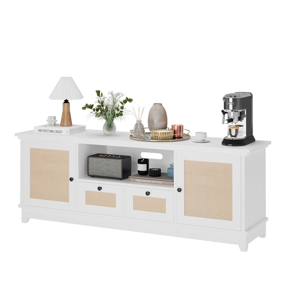 Modern White Rattan TV Stand for 65 Inch TV – Boho Entertainment Console with Storage, 2 Mesh Doors, Adjustable Shelf – Low Media Cabinet Table for Living Room & Bedroom