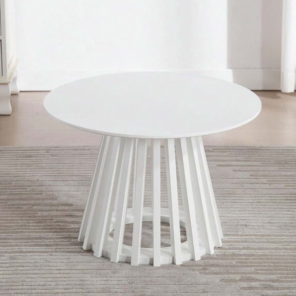 Modern White Round Coffee Table With Geometric Slatted Pedestal Base For Living Room Or Office