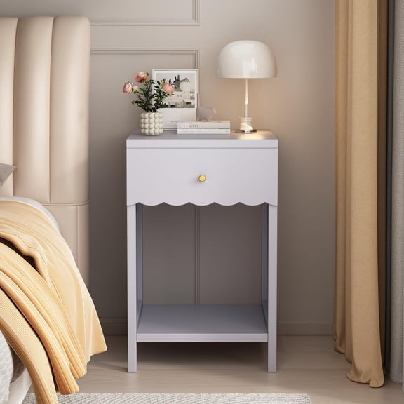 Modern White Scalloped Edge Nightstand with Drawer & Open Shelf, Minimalist Purple Bedside Table for Kids' Room