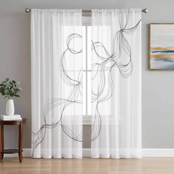 Modern White Sheer Curtains 63 Inch Length 2 Panels Set, Minimalist Abstract Ribbon A Sketch Rt Voile Window Treatment Rod Pocket Curtains Sheers Drapes for Bedroom/Living Room/Kitchen 52x"63"x2