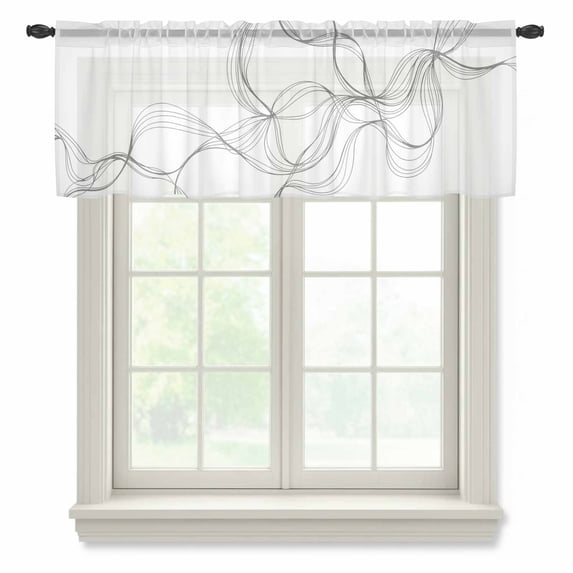 Modern White Sheer Curtains Valances for Windows Minimalist Abstract Ribbon A Sketch Rt Chiffon Kitchen Valances for Cafe, Rod Pocket Voile Window Treatments Curtains for Living Room Bedroom, 42"x18"