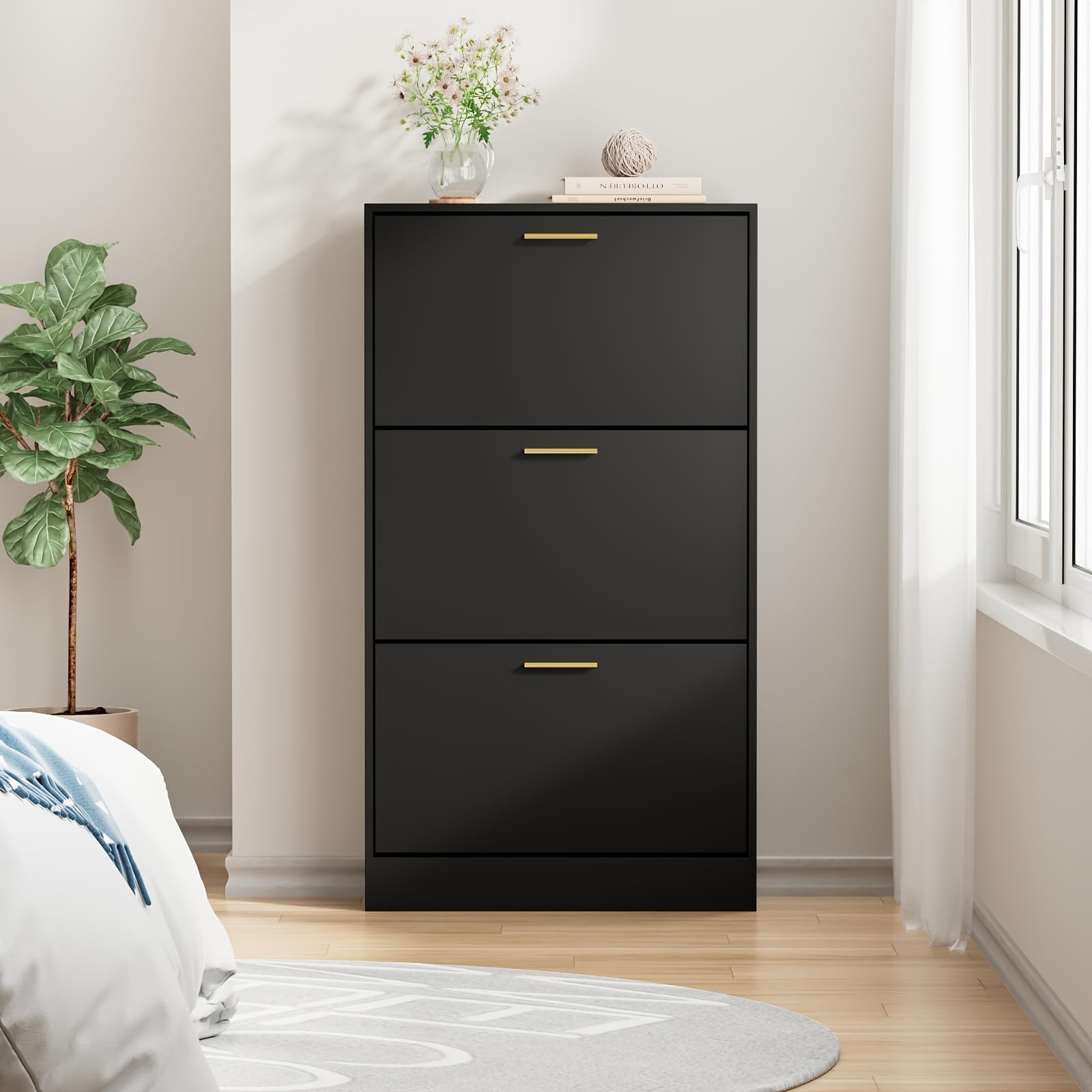 Modern White Shoe Cabinet with 3 Flip-Doors - Slim Vertical Storage ... - Hardware Minimalist Decor