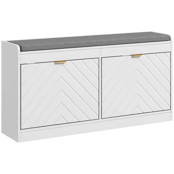 Modern White Shoe Storage Bench with Padded Linen Seat, 2 Rotating Drawers for 8 Pairs, MDF Entryway Bench with Gold Handles, Compact Organizer for Hallway and Living Room