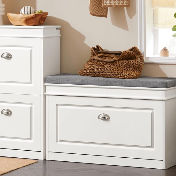 Modern White Shoe Storage Bench with Cushion, Narrow MDF Drop-Zone Rack