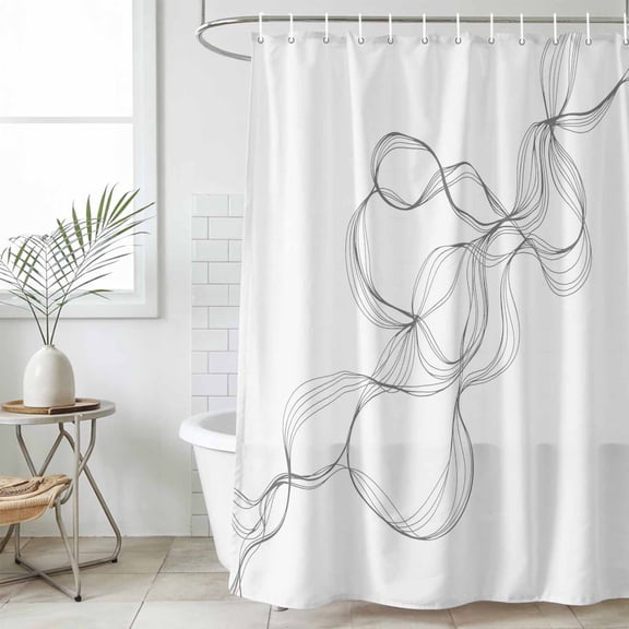 Modern White Shower Curtain Set, Waterproof Shower Curtains for Bathroom, Minimalist Abstract Ribbon A Sketch Rt Washable Fabric Cloth Bath Curtain for Bathtub Decoration with Hooks 66x72 Inches