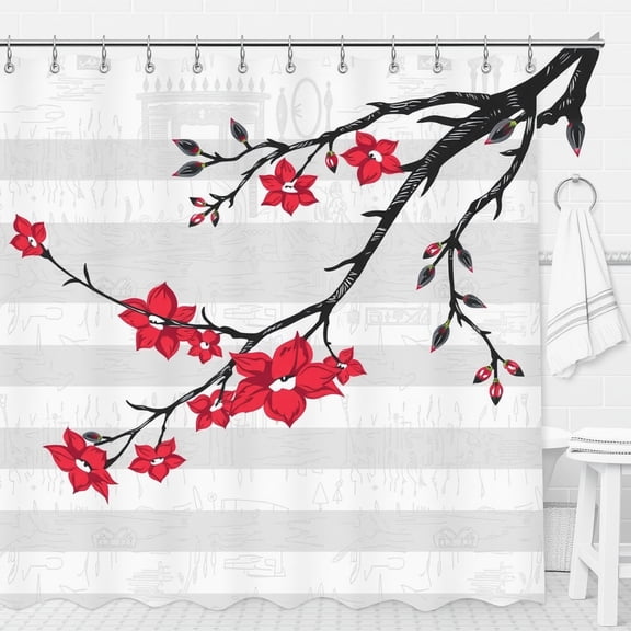 Modern White Shower Curtain with Gray Stripes & Black Branch Design Red Blossoms Stylish Bathroom Decor