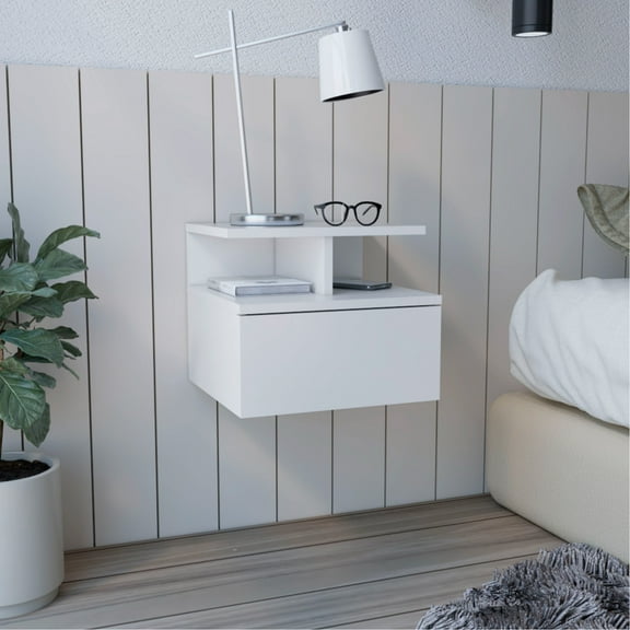 Modern White Side Table For Bedroom - Floating With Drawer And Shelf Unit Decorative