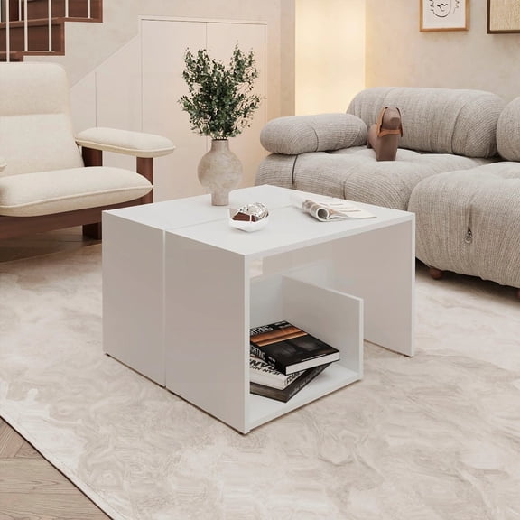 Modern White Side Table in Melamine Having Two Open Storage Shelves
