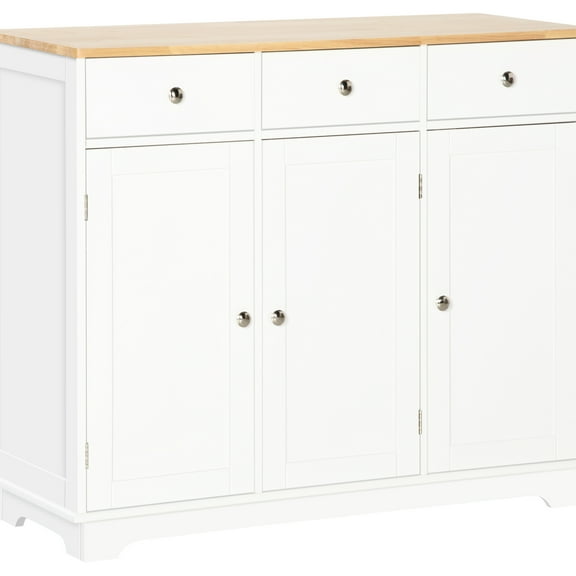 Modern White Sideboard With Solid Wood Countertop, 3 Drawers, Doors And Adjustable Shelf For Living Area Kitchen Storage Shelf,