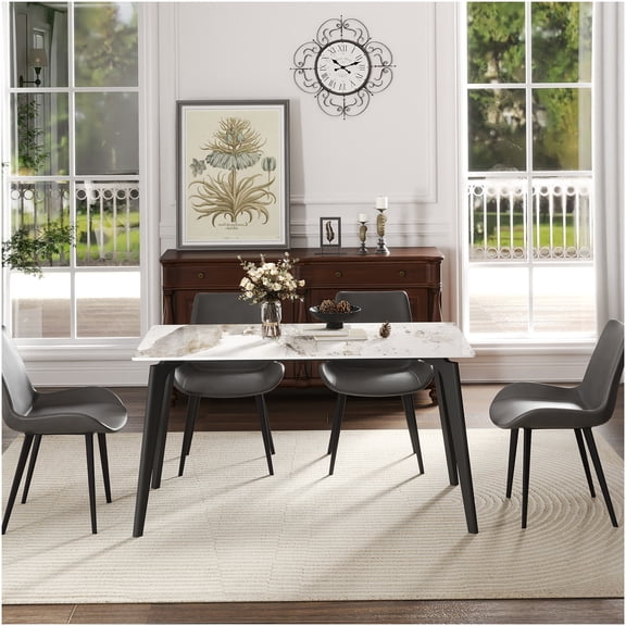 Modern White Sintered Stone Dining Table for 6 with Black Metal Legs, Straight Edge Design