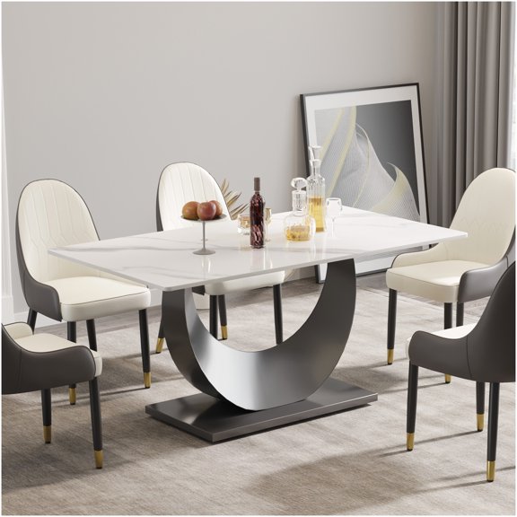 Modern White Sintered Stone Dining Table with Crescent Base, 63-inch Rectangular Table for 6-8 Seats