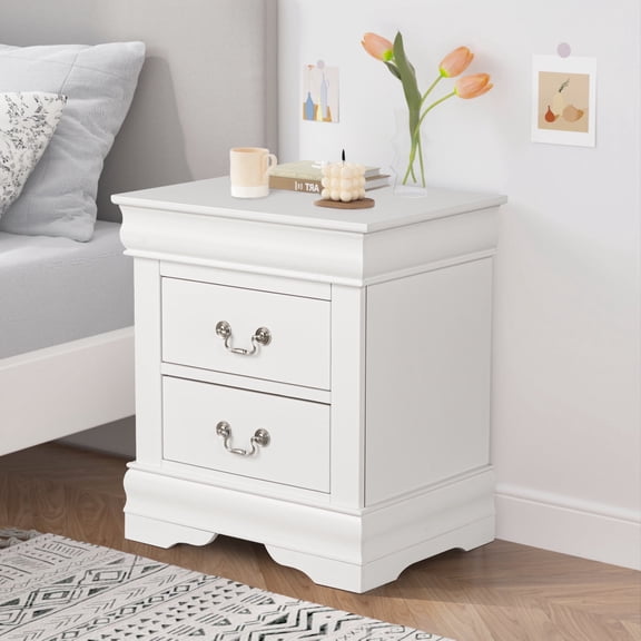 Modern White Solid Wood Nightstand with 2 Drawers, Sleek Bedside Table for Bedroom or Living Room