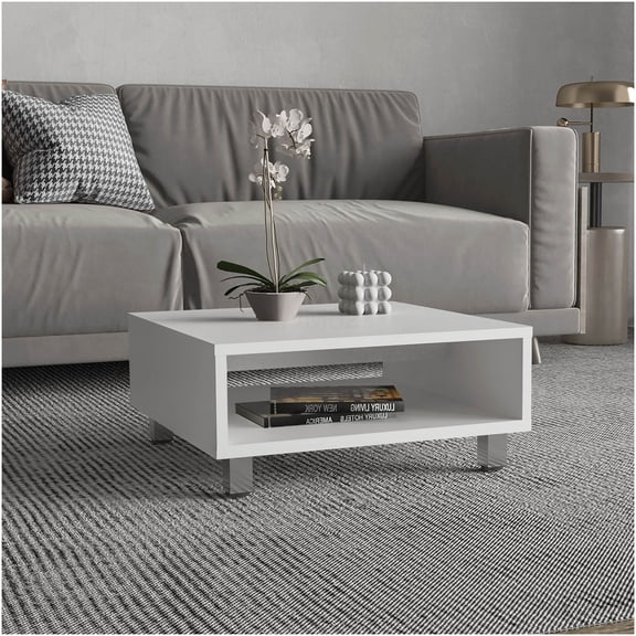 Modern White Square Coffee Table with Open Storage Shelf, Minimalist Low Profile Design for Living Room and Office