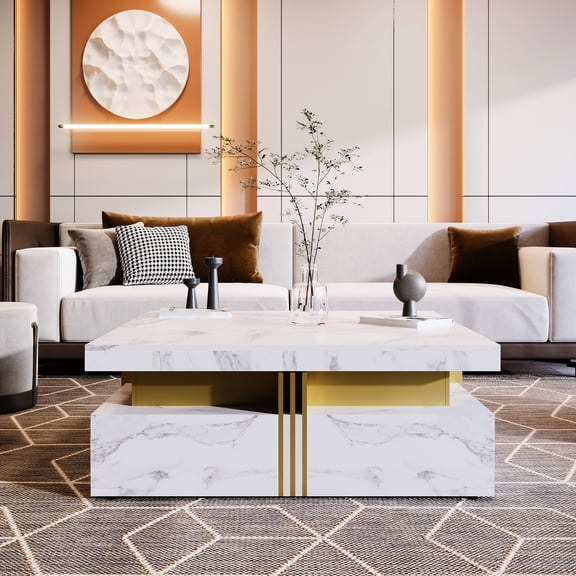 Modern White Square Writing Desk With 4 Storage, Top, For Productive Work & Gold Coffee Table 4 Drawers, Built, Enhances Interior Design